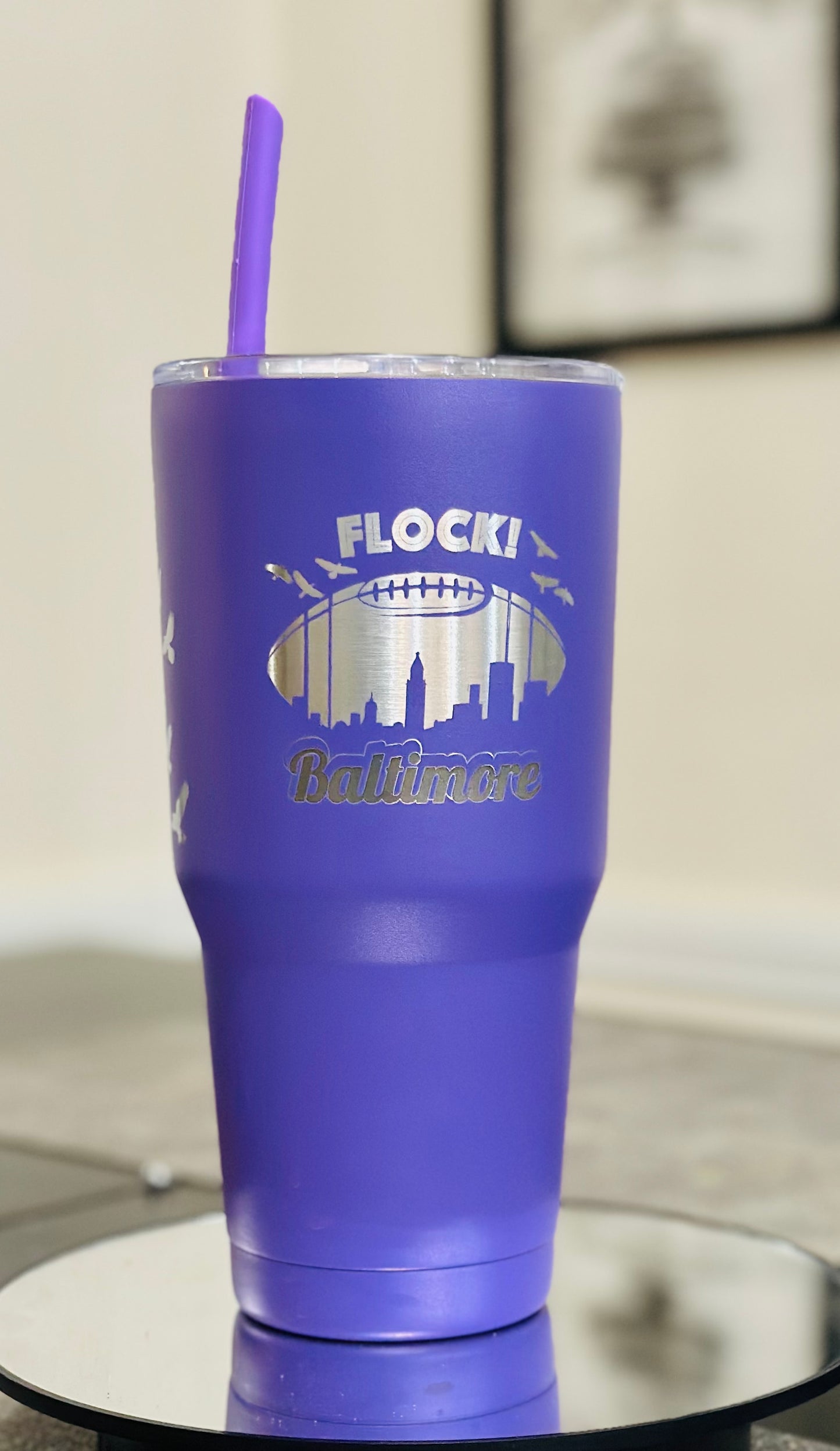 Sports Tumblers - Baltimore Ravens (purple), Lions (blue) and Eagles (green).